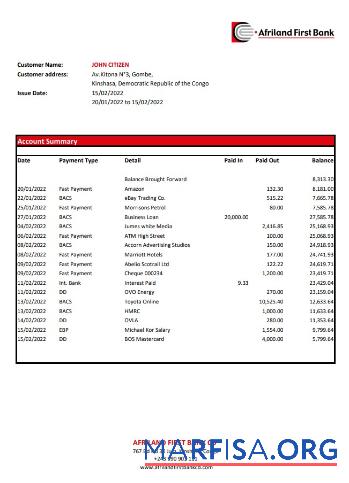 Realistic Congo Afriland First Bank statement excel real example